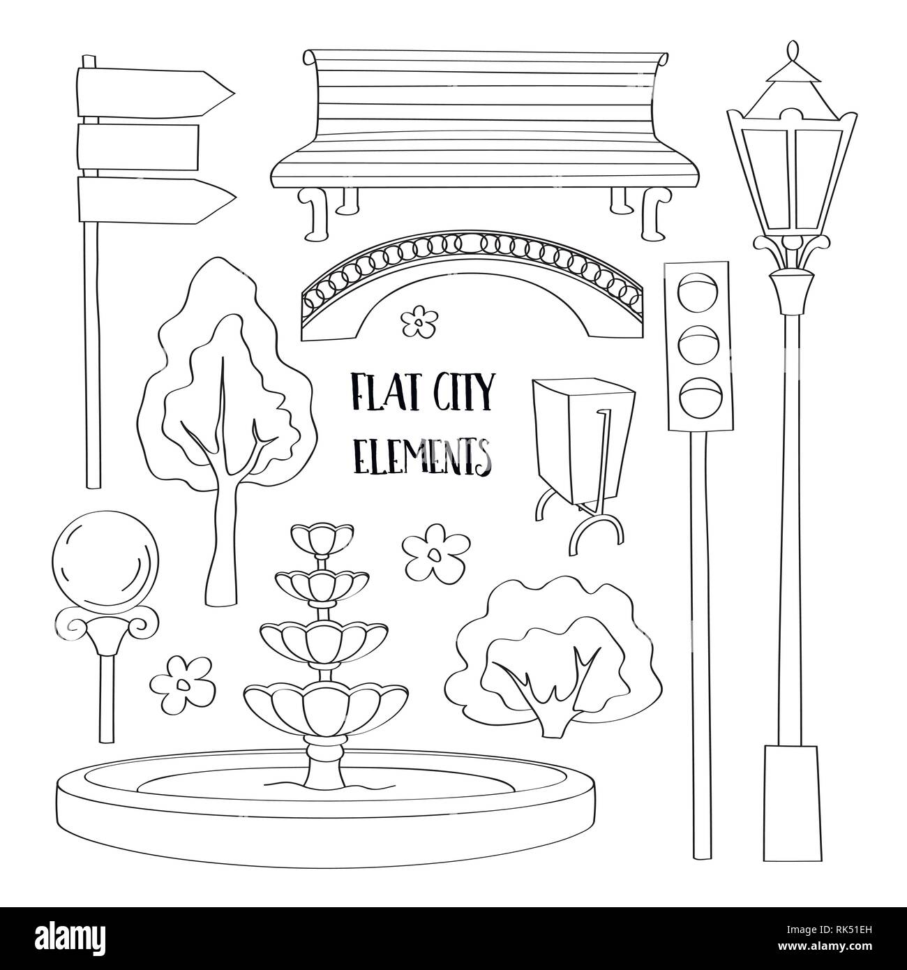 Ville rue éléments urbains icon set. Lumières et éléments extérieurs pour la construction de ville, parc et piscine des paysages. Illustration de Vecteur