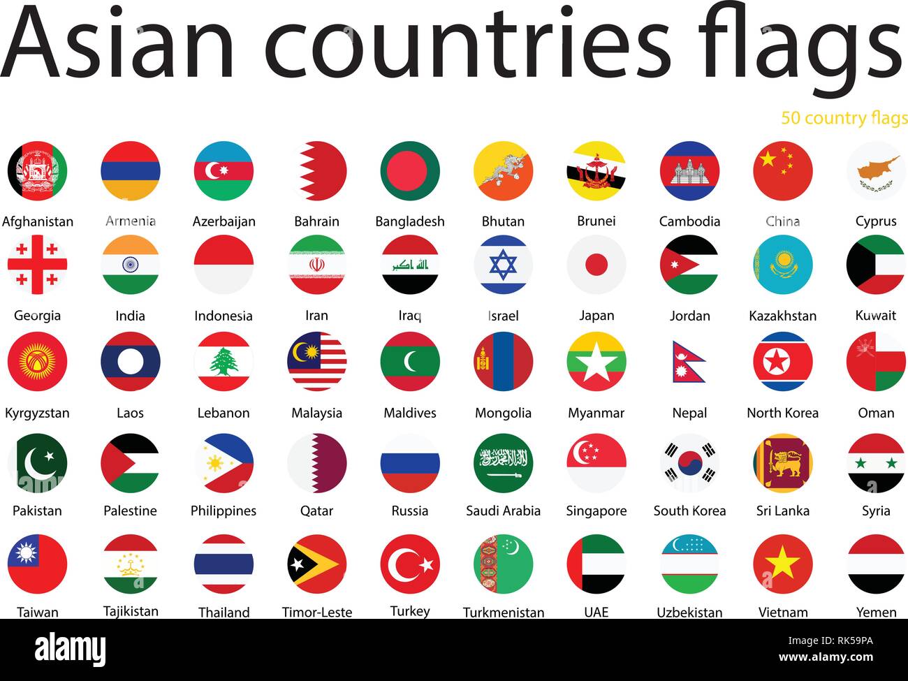 Drapeaux des pays asiatiques icônes vectorielles. 50 pays drapeaux