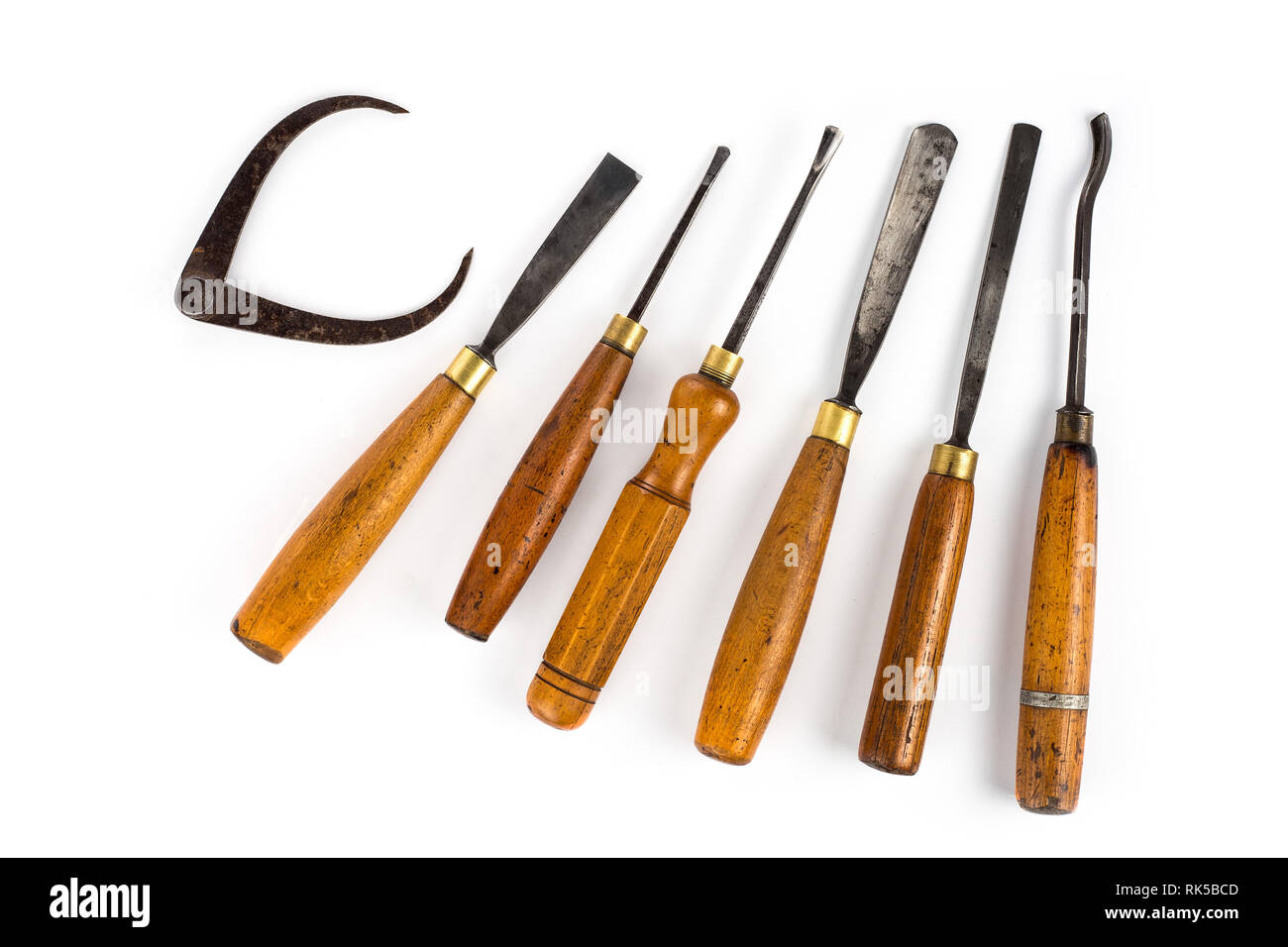 Ensemble de ciseaux à bois pour sculpture sculpture sur bois, outils sur white Banque D'Images