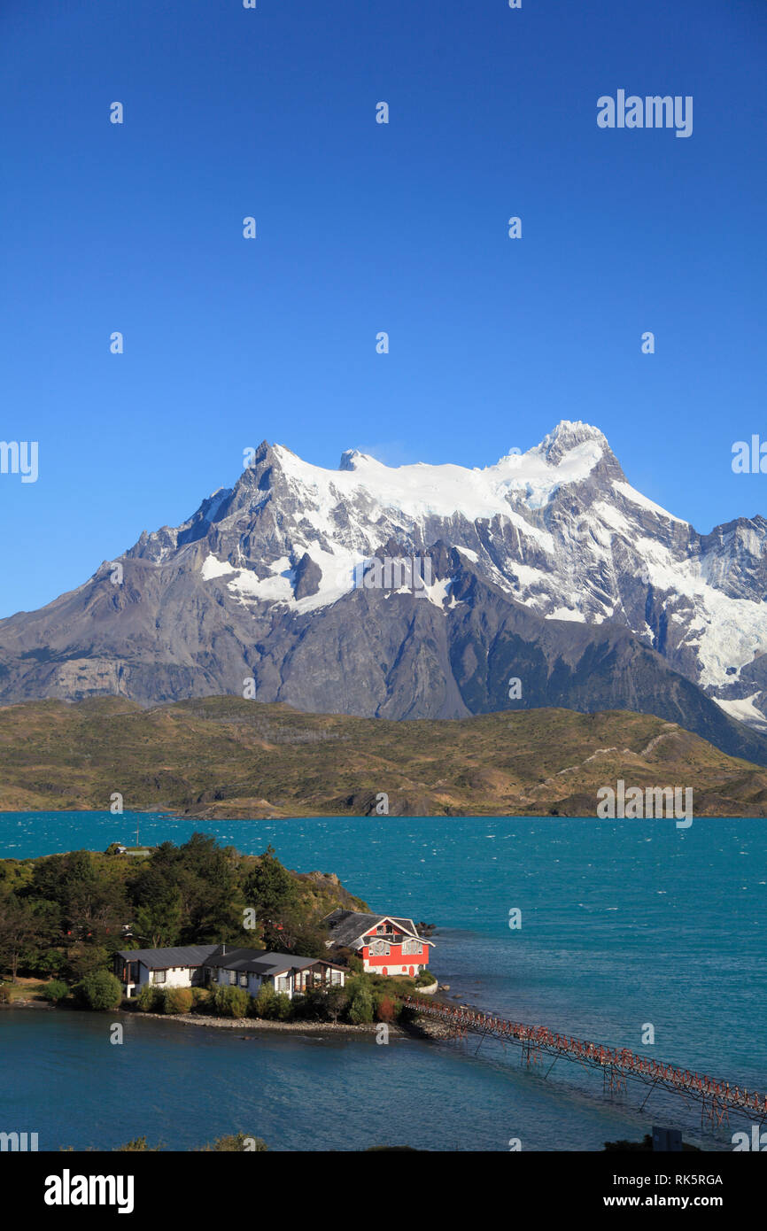 Le Chili, Magallanes, Torres del Paine, parc national, Lago Pehoe, Hosteria Pehoe, Paine Grande, Banque D'Images