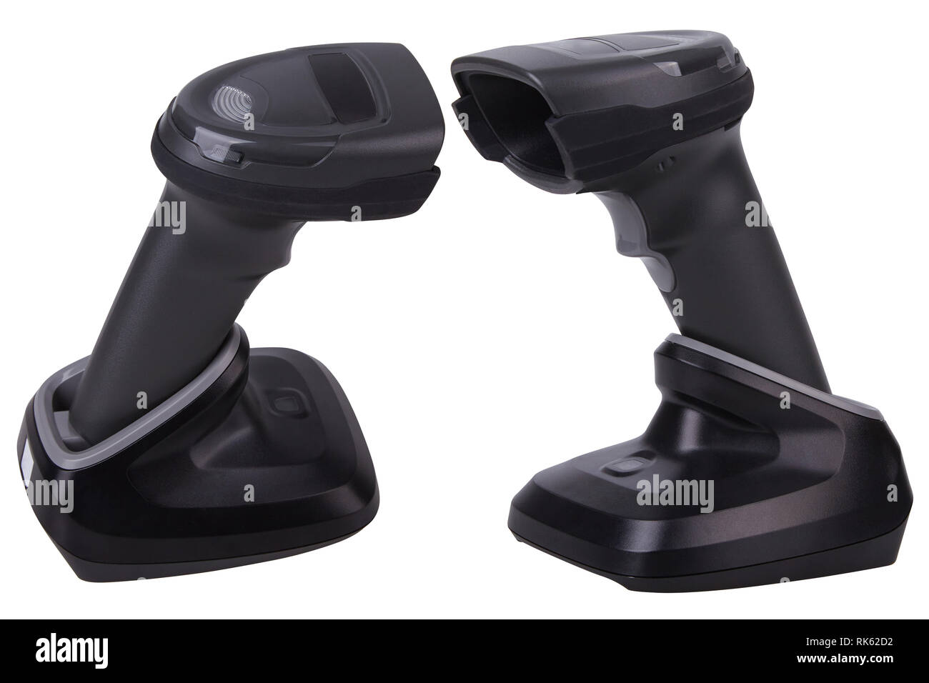 La lecture de codes à barres sans fil gun/wand dans une station de chargement USB isolé sur blanc. Codes à barres Bluetooth et QR Code Scanner. Lecteur de codes-barres Banque D'Images