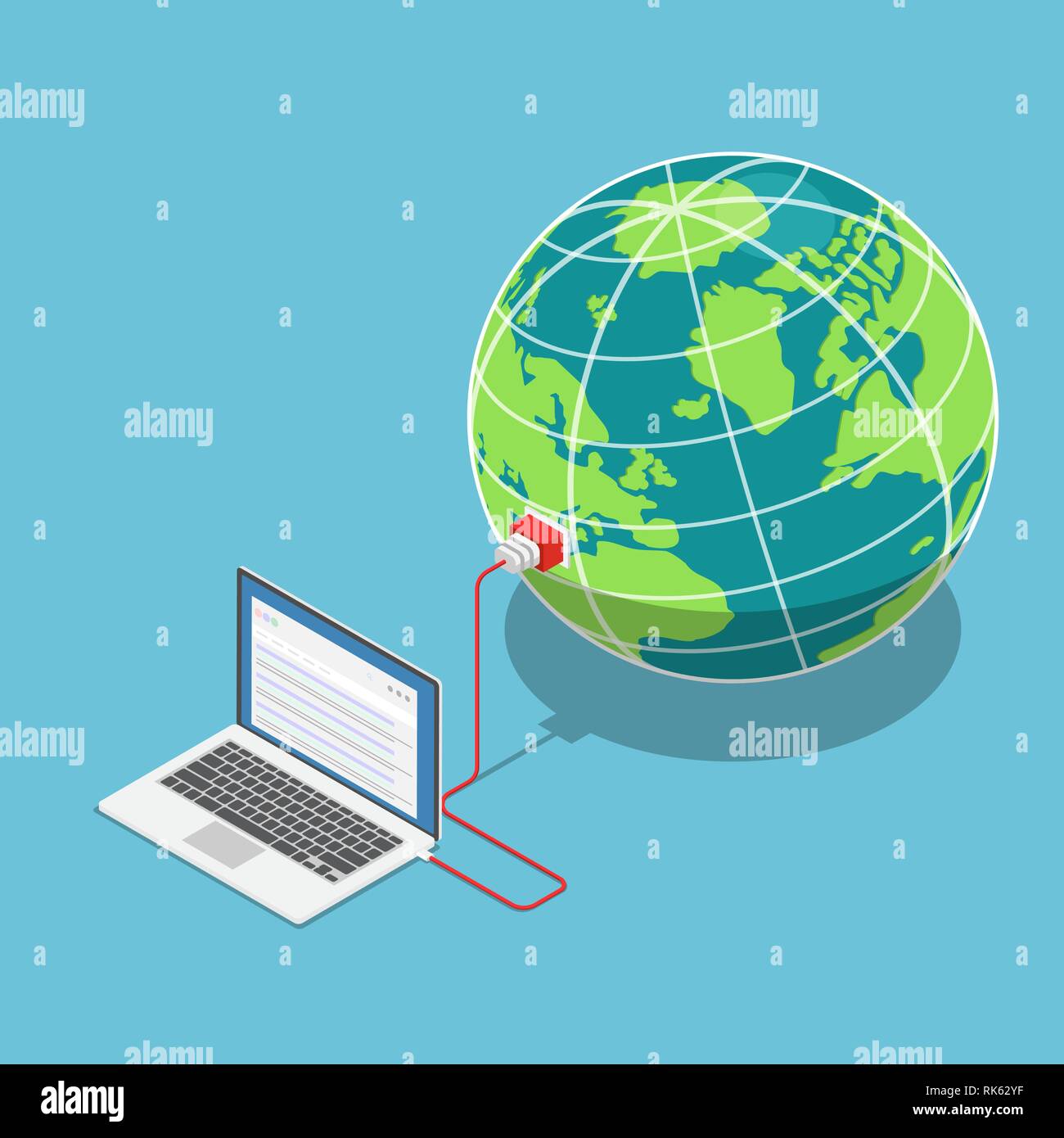 Télévision 3D isométrique ordinateur portable connecté au monde entier. Internet et social network concept Illustration de Vecteur