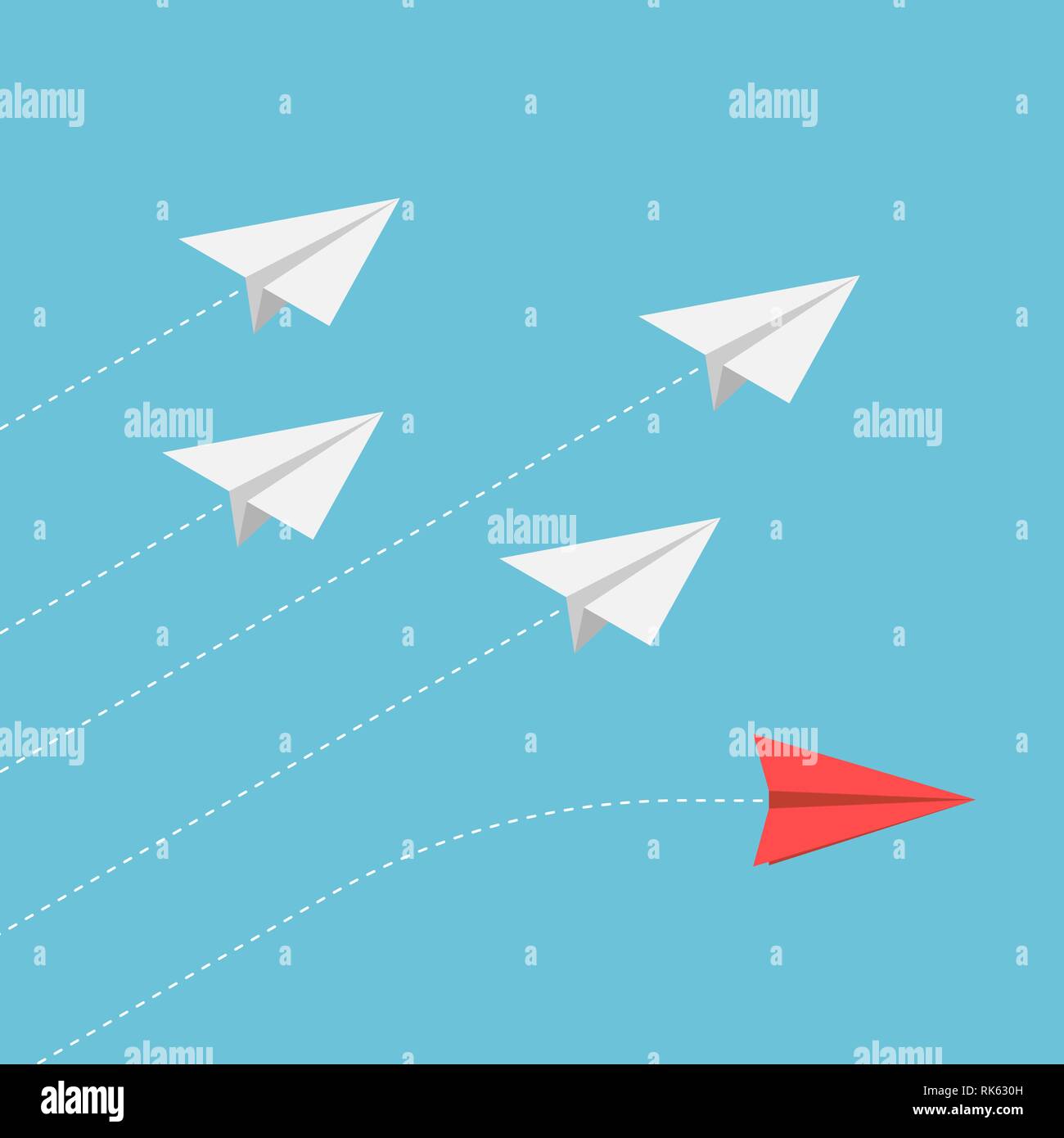 Télévision 3D isométrique d'avion de papier rouge d'un changement de direction du groupe. Se démarquer de la foule et de penser différente. Illustration de Vecteur