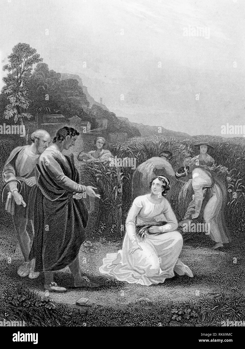 Gravure de la veuve Ruth glaner dans les champs de Boaz. À partir de la Bible, peut-être Self-Interpeting l'édition 1843. Banque D'Images