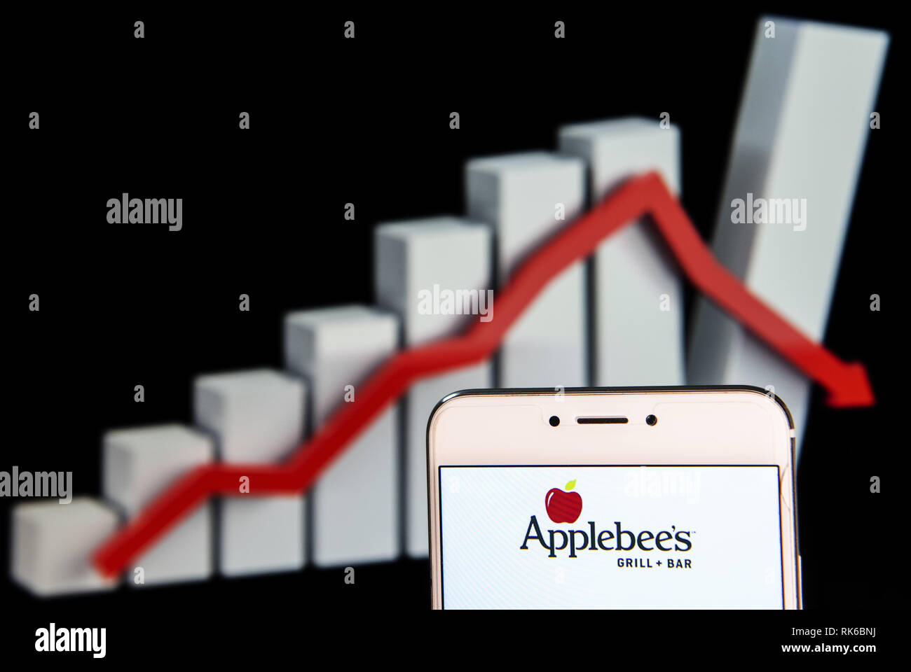Hong Kong. Feb 8, 2019. American sandwich chaîne de restaurants Applebee's logo est vu sur un appareil mobile Android avec une baisse graphique perd en arrière-plan. Credit : Miguel Candela/SOPA Images/ZUMA/Alamy Fil Live News Banque D'Images