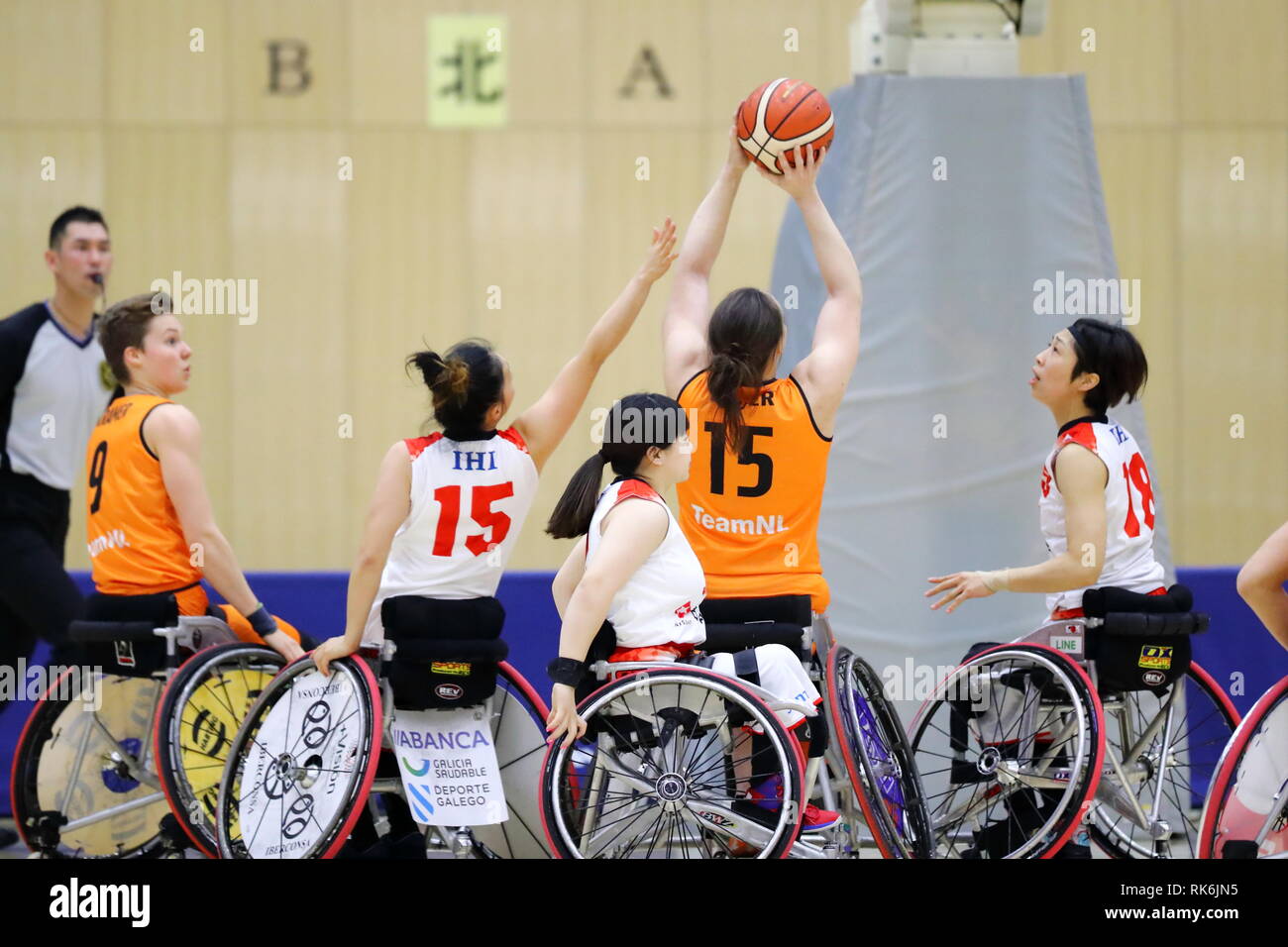 Chiba, Japon. Feb 8, 2019. Vue générale, le basket-ball en fauteuil roulant : Women's International Match amical entre le Japon 51-61 Pays-Bas à Kikkoman Arena à Chiba, Japon . Credit : Naoki Nishimura/AFLO SPORT/Alamy Live News Banque D'Images