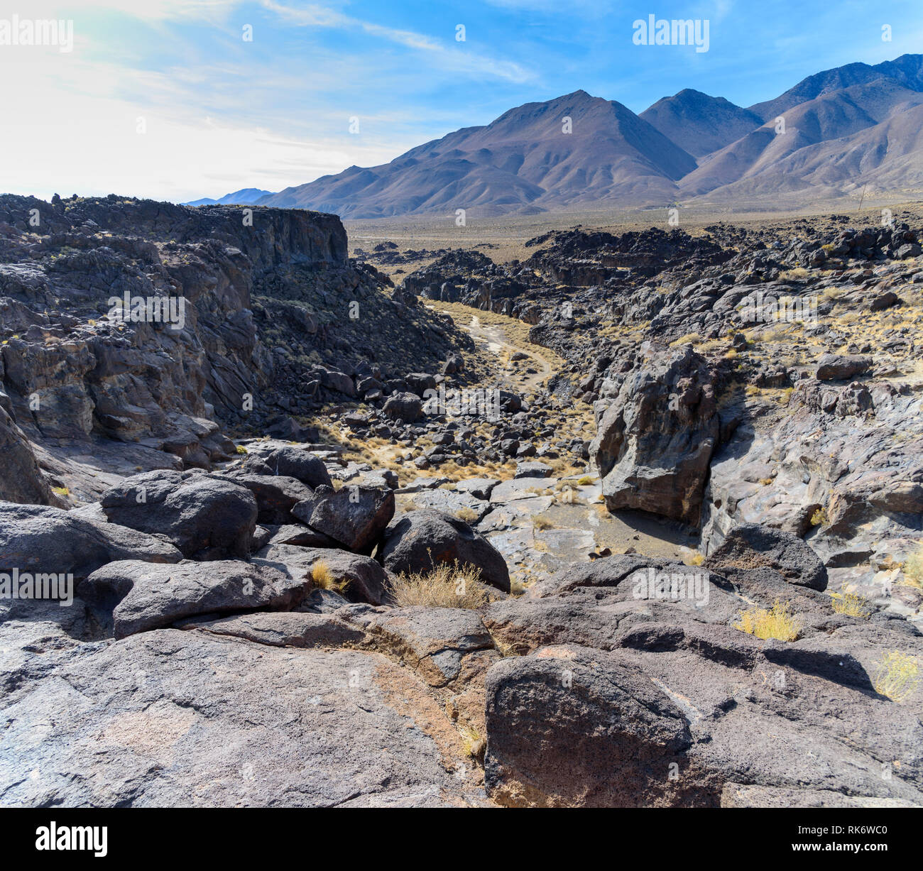 Le parc d'état de fossiles, de roches de lave champs couvert et canyon rocheux ci-dessous sur la vallée et au-delà des montagnes du désert aride sous ciel bleu avec des nuages blancs. Banque D'Images