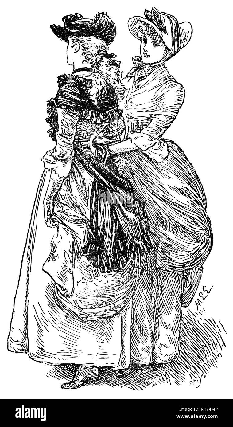 Illustration par Mary Ellen Edwards (1838-1934) de deux jeunes femmes en costume victorien. À partir de la ministre de l'Assemblée annuelle 1892. Banque D'Images