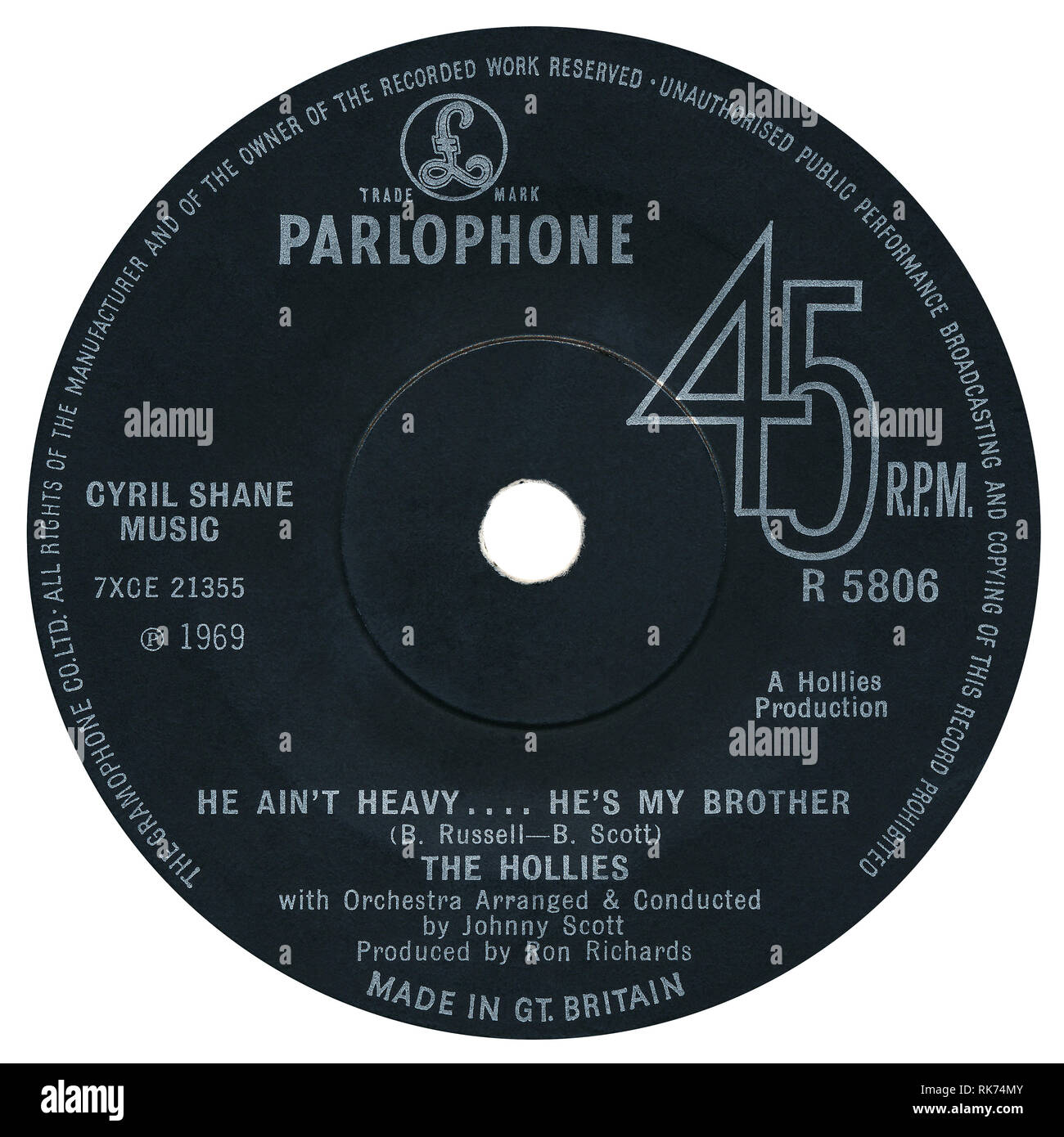 UK 45 tr/min seul de He Ain't Heavy… Il est mon frère par le Hollies sur le label Parlophone à partir de 1969. Écrit par Bobby Scott et Bob Russell, organisé par Johnny Scott et produit par Ron Richards. Banque D'Images