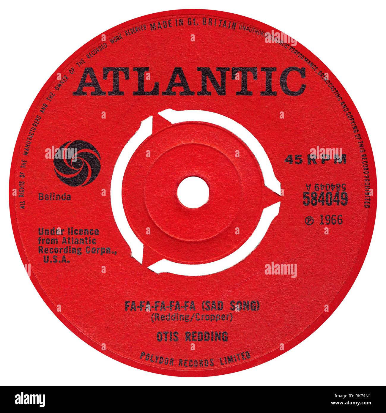 UK 45 tr/min seul de Fa-Fa-Fa-Fa-fa (Sad Song) par Otis Redding sur l'étiquette de l'Atlantique de 1966. Écrit par Otis Redding et Steve Cropper. Banque D'Images