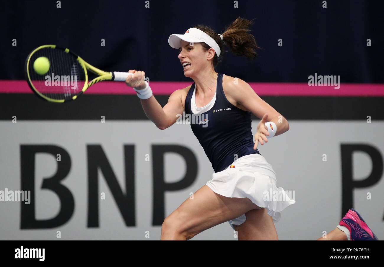 Great Britain's Johanna Konta pendant quatre jours de la Fed Cup à l'Université de Bath. Banque D'Images