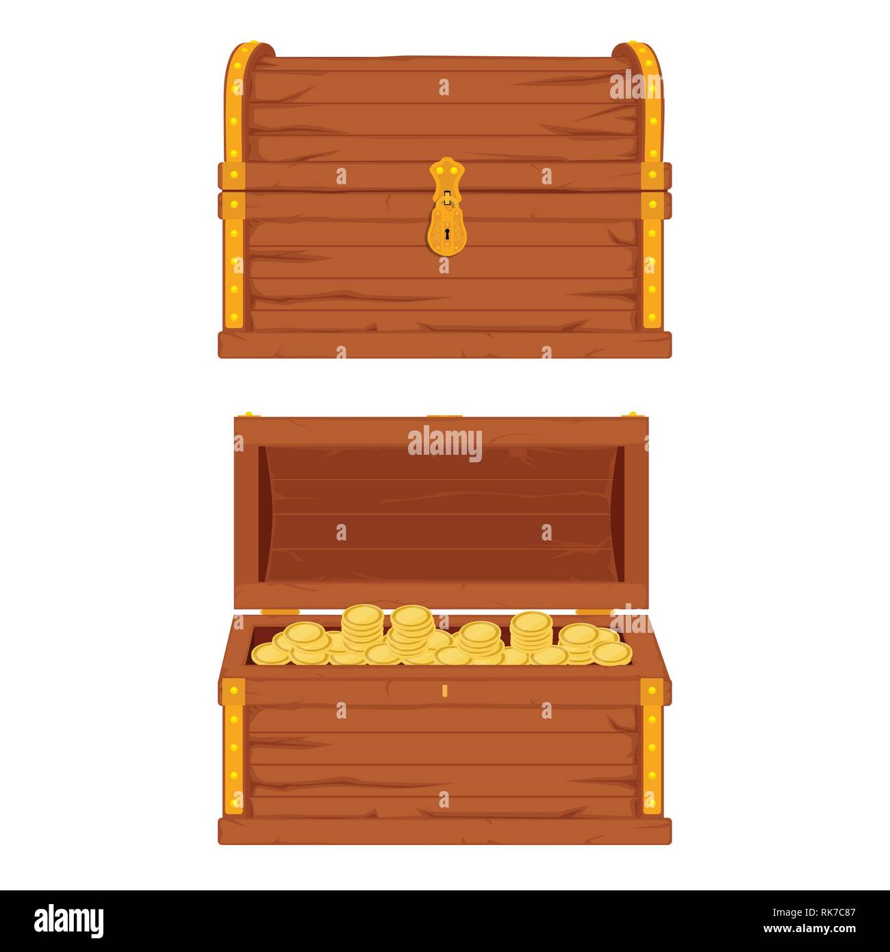 Ensemble d'icônes vectorielles avec cartoon fermé et ouvert en bois brun coffres pirate avec rayures métal doré et d'un cadenas, plein de trésors de pièces sur white b Illustration de Vecteur
