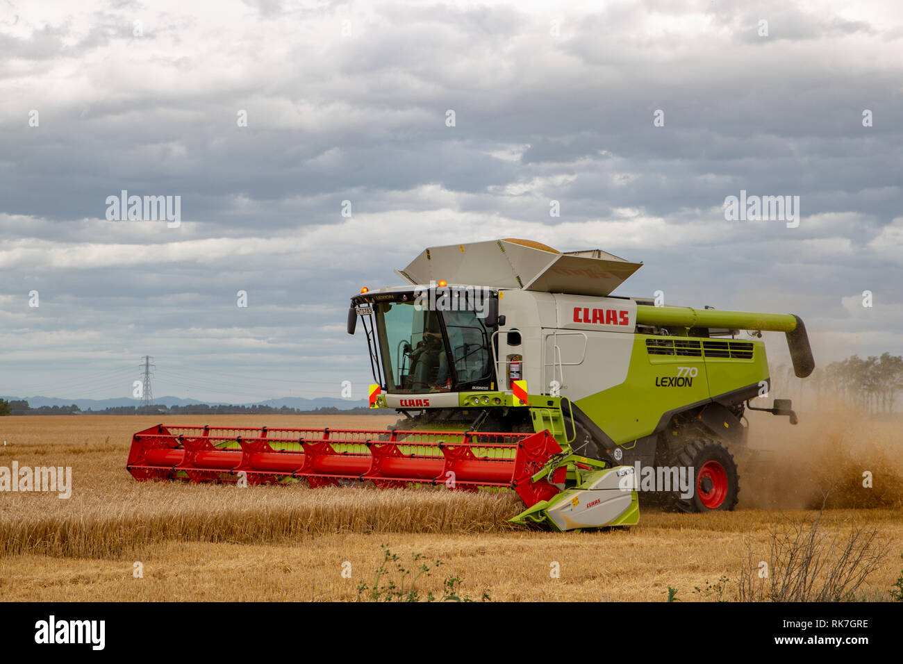 Une moissonneuse-batteuse Claas travaillant dans un champ à Canterbury, Nouvelle-Zélande sur une journée d'été nuageux Banque D'Images
