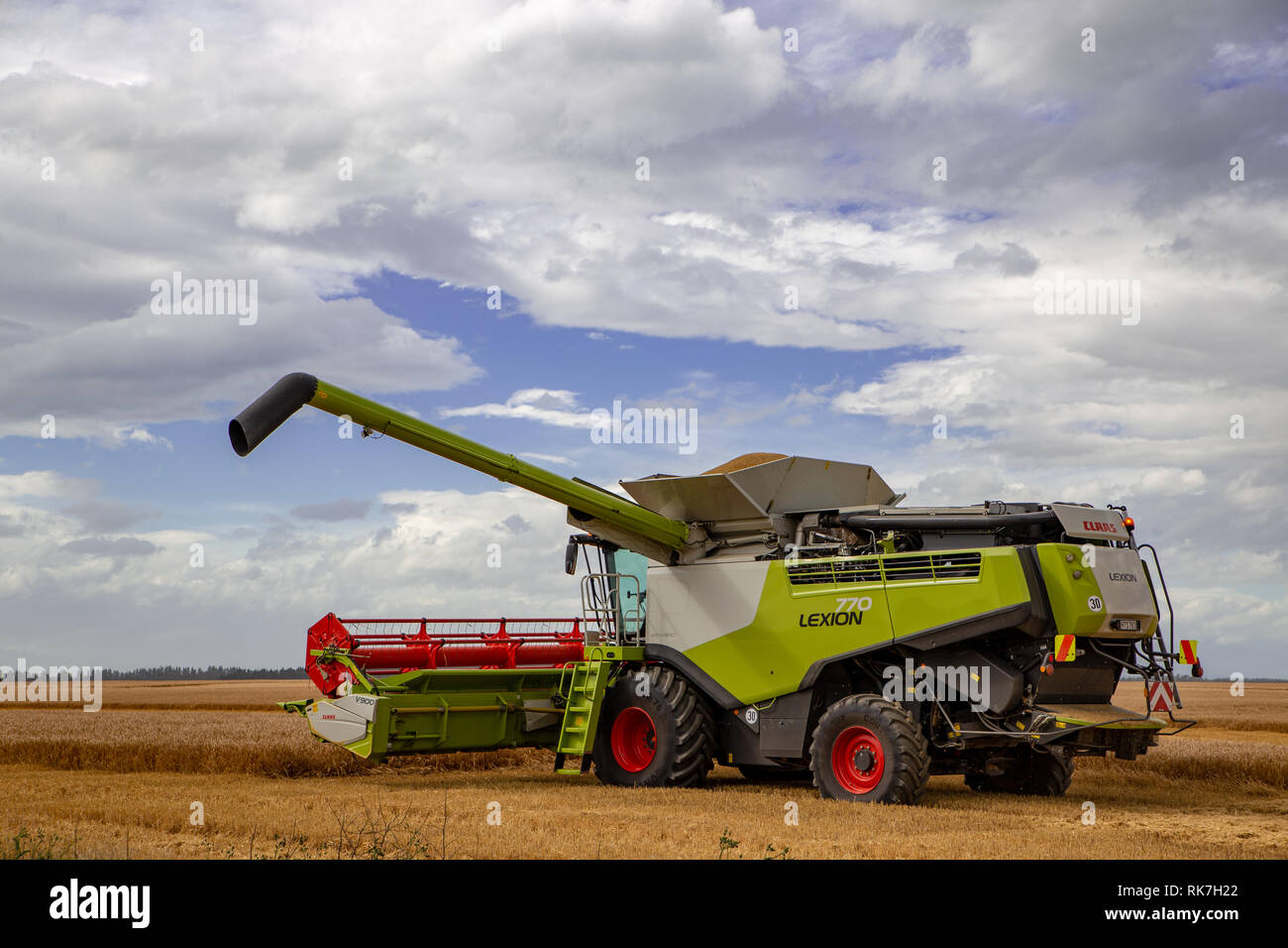 Une moissonneuse-batteuse travaillant dans un champ d'orge en été, attend de se décharger de son bac plein de graines d'orge, à Canterbury, Nouvelle-Zélande Banque D'Images