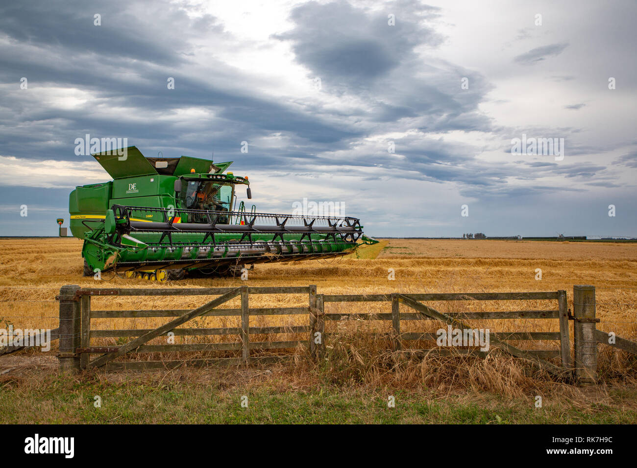 Une moissonneuse-batteuse John Deere vert tourne à la fin d'une ligne dans un champ de céréales sur une ferme rurale, Dorie, Canterbury, Nouvelle-Zélande Banque D'Images