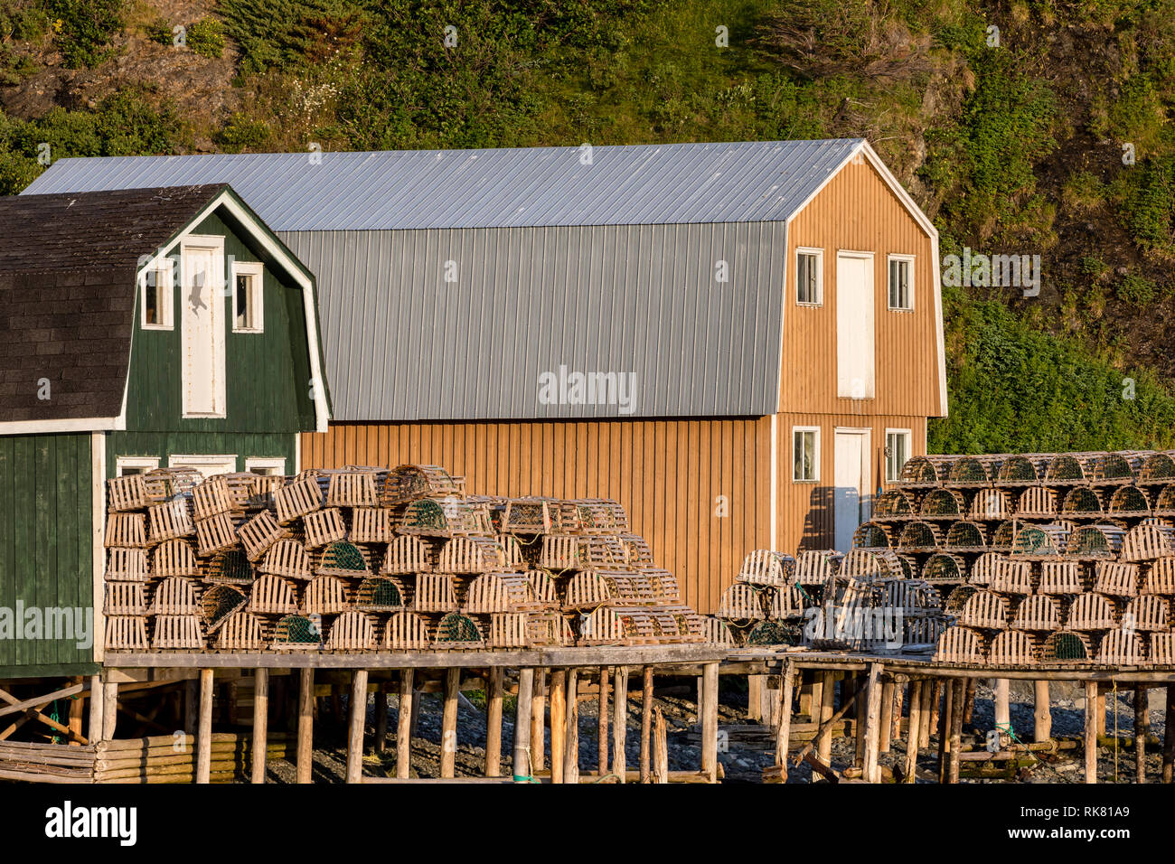 Scène de pêche avec des casiers à homard à Terre-Neuve. Banque D'Images