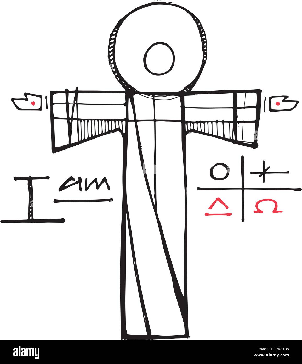 Hand drawn vector illustration ou dessin de Jésus Christ, certains symboles chrétiens et les prahse : je suis Illustration de Vecteur