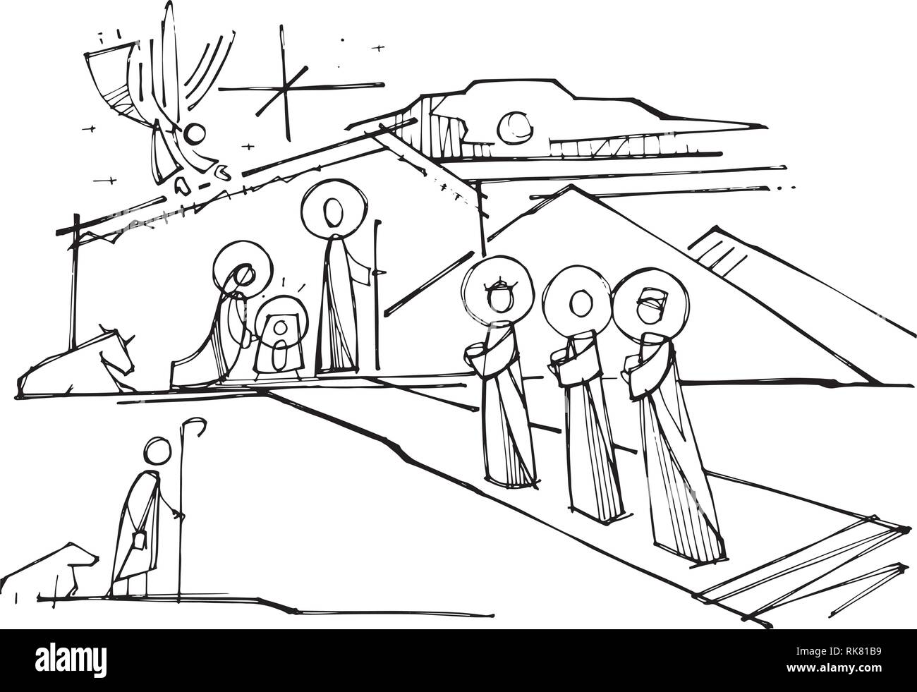 Hand drawn vector illustration ou dessin de Jésus Christ crèche Illustration de Vecteur