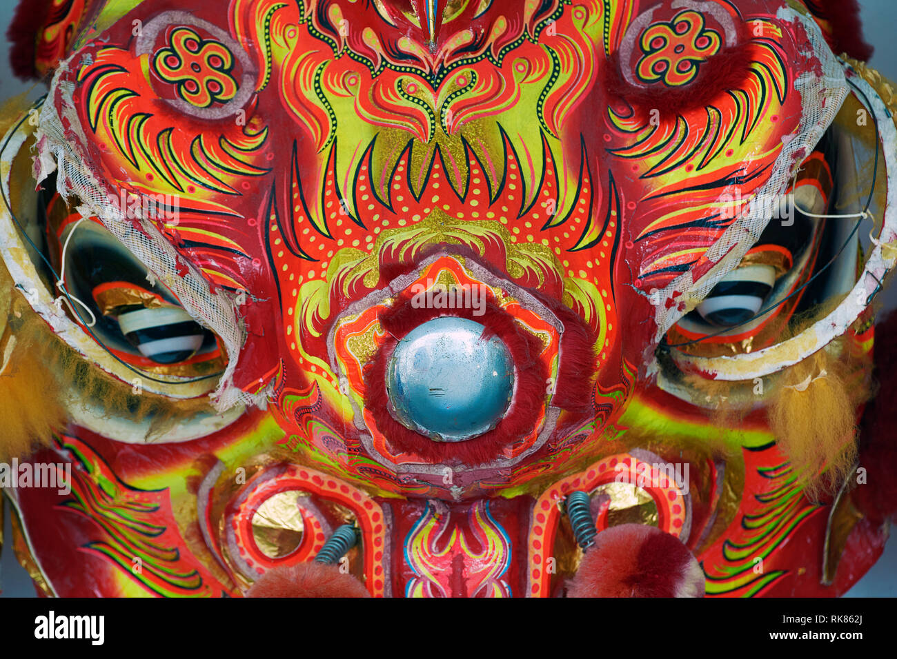 Tête de lion pour les fêtes et le Nouvel An chinois à la maison de la Guilde des charpentiers à George Town, Penang, Malaisie Banque D'Images