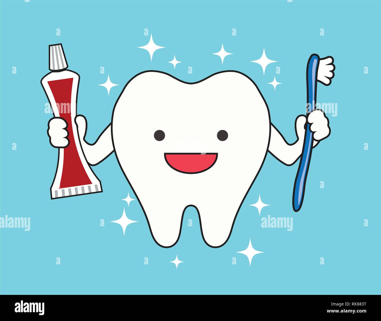 Vector happy smiling holding dent brosse à dents et du dentifrice tube. bandes dessinées isolé sur fond bleu. hygiène dentaire illustration. stro Illustration de Vecteur