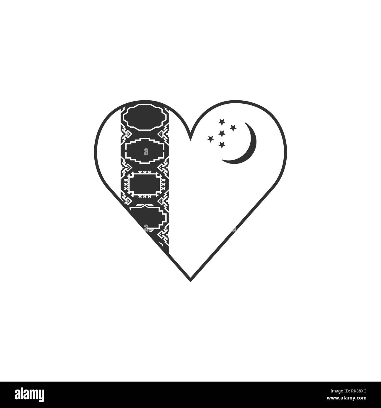 L'icône du drapeau du Turkménistan en forme de coeur en contour noir modèle plat. Date de l'indépendance ou de la fête nationale. Illustration de Vecteur