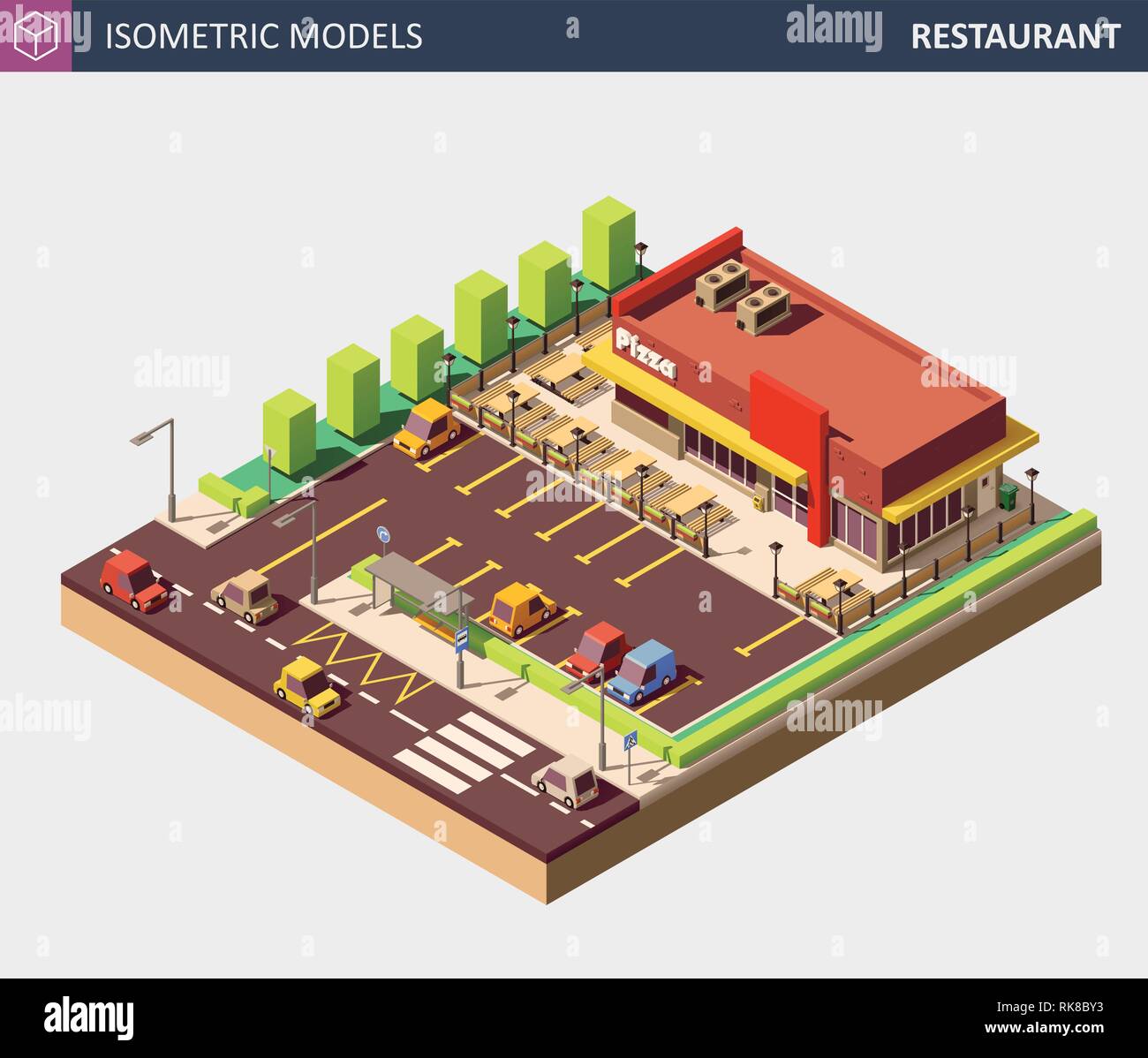 Restaurant isométrique vectoriel ou pizzerias Vente immeuble avec panneau. Illustration de Vecteur
