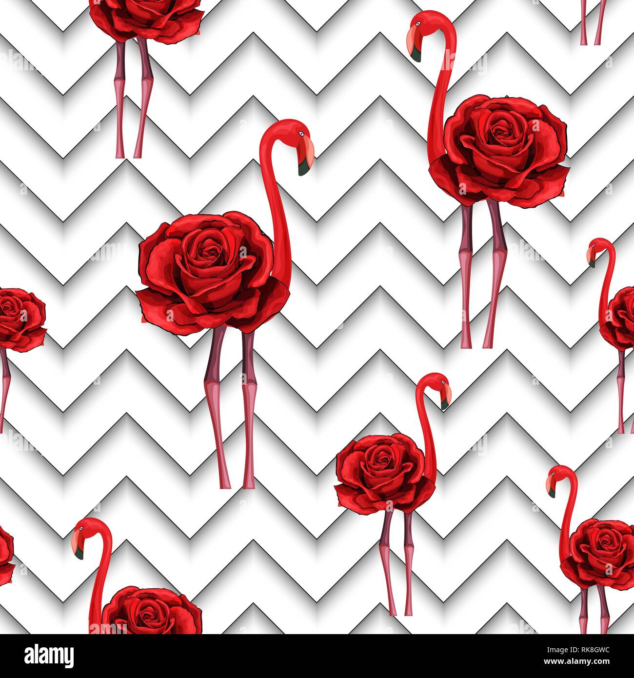Les lignes en zigzag à la mode imprimer roses rouges brodées et flamingo modèle transparent Illustration de Vecteur