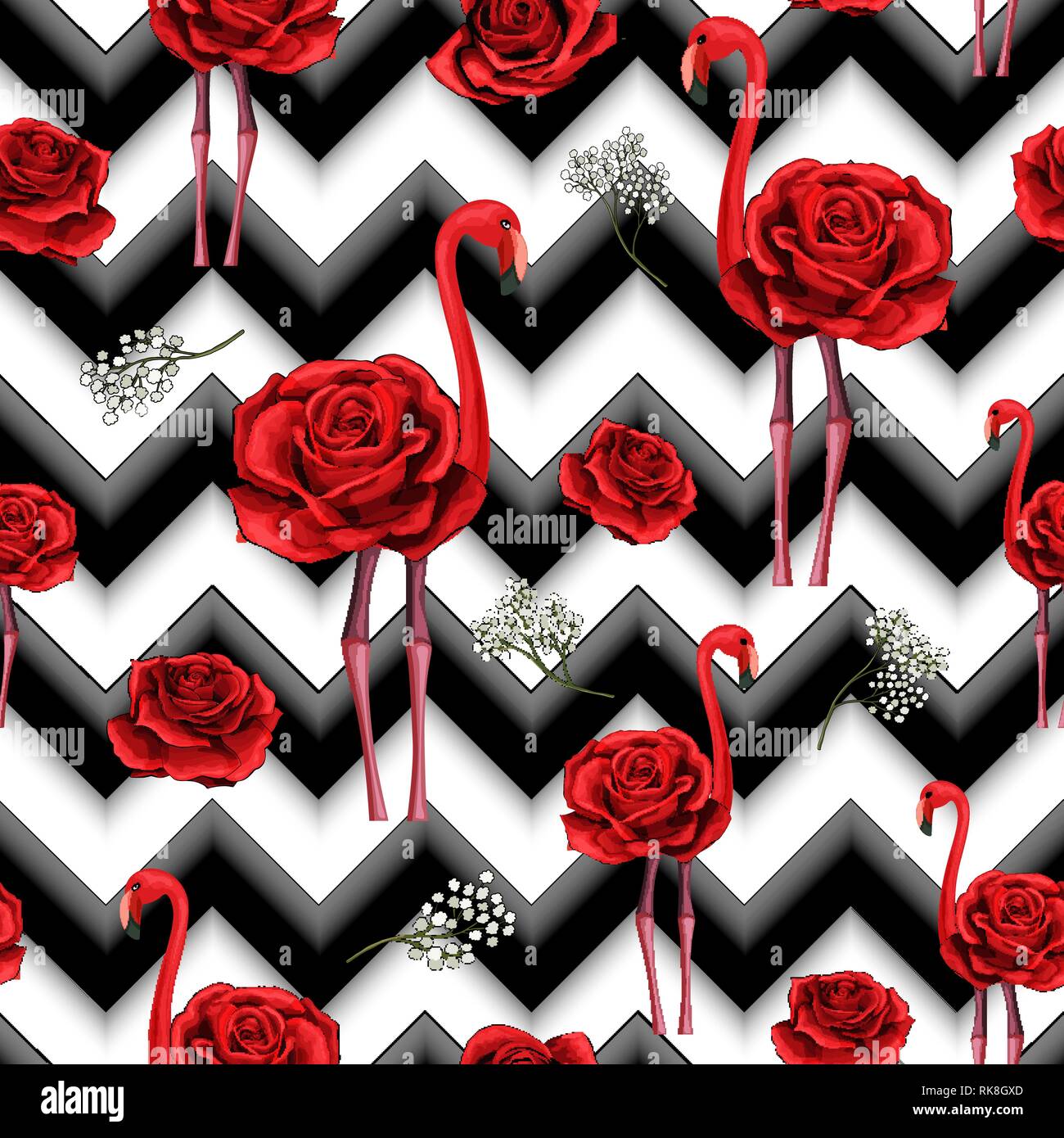 Les lignes en zigzag à la mode imprimer roses rouges brodées et flamingo modèle transparent Illustration de Vecteur