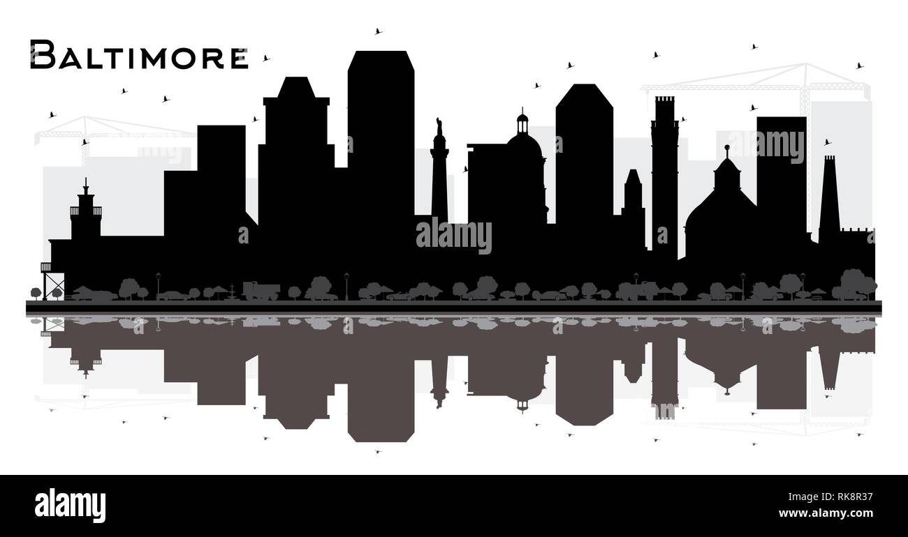 Baltimore Maryland City Skyline Silhouette aux bâtiments et réflexions noir isolé sur blanc. Vector Illustration. Concept du tourisme. Illustration de Vecteur