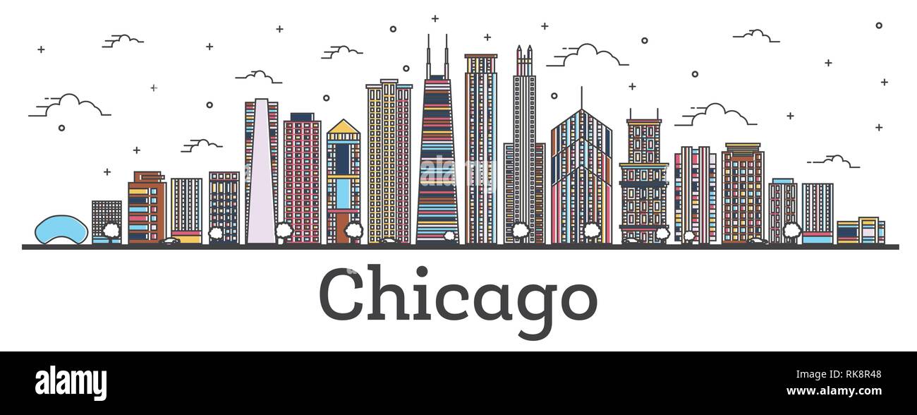 Contours Chicago Illinois City Skyline avec bâtiments couleur isolé sur blanc. Vector Illustration. La ville de Chicago avec des points de repère. Illustration de Vecteur