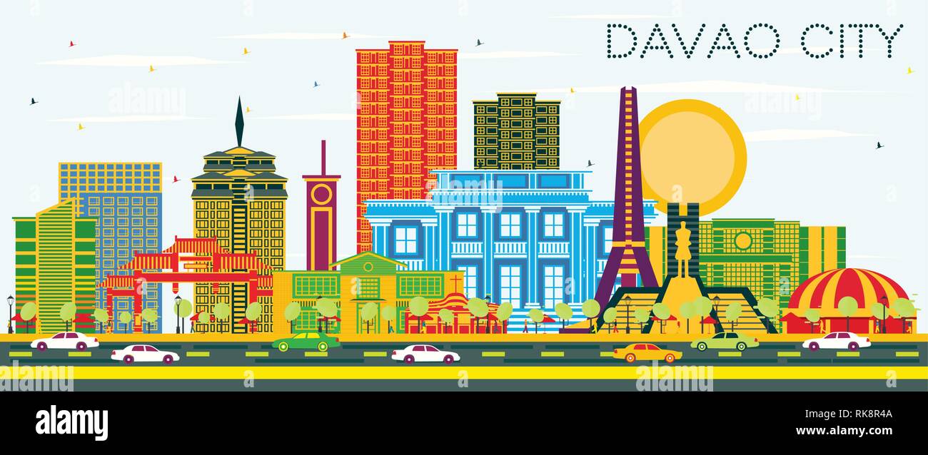 Davao City Philippines Skyline avec bâtiments de couleur et de ciel bleu. Vector Illustration. Les voyages d'affaires et du tourisme l'illustration. Illustration de Vecteur