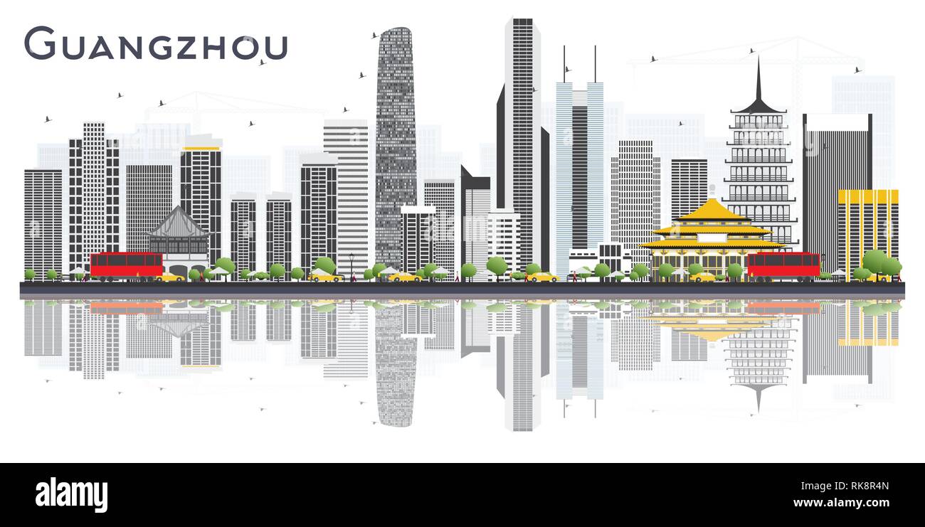 Guangzhou Chine Ville avec des bâtiments gris et réflexions isolé sur fond blanc. Vector Illustration. Concept du tourisme. Illustration de Vecteur