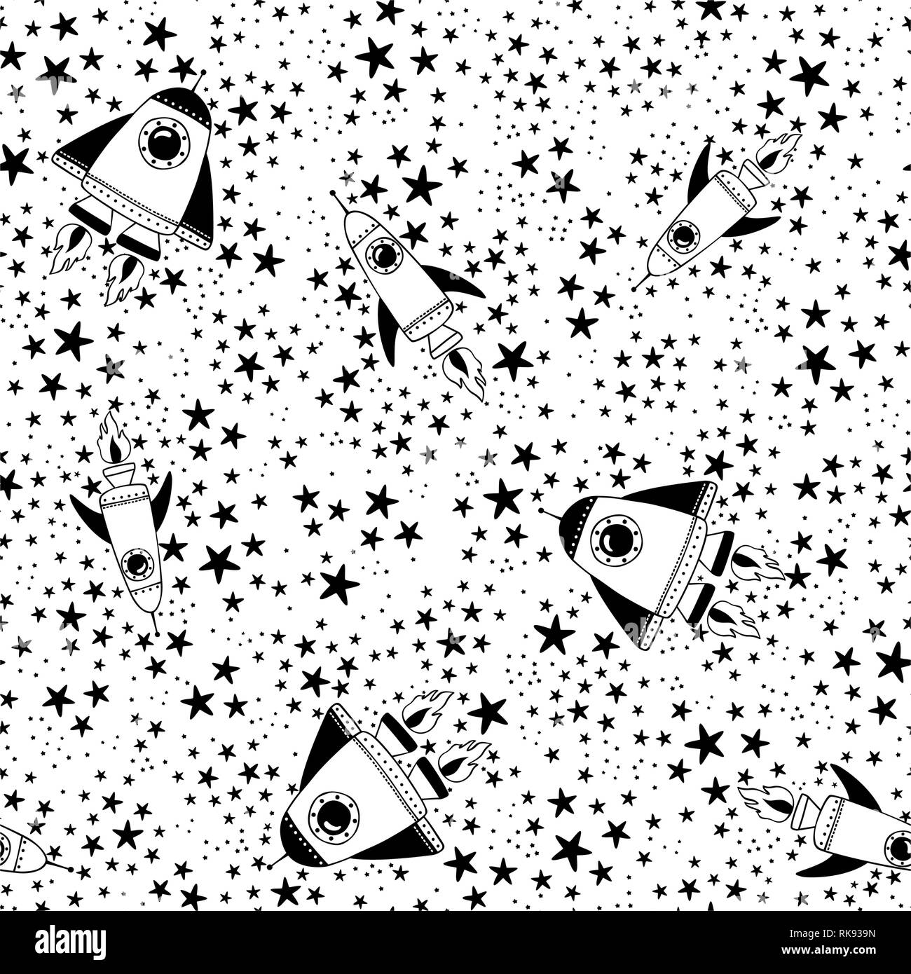 Avec motif transparent vintage vaisseau et stars en noir et blanc moderne. hand drawn style. design pour bébés et enfants Illustration de Vecteur