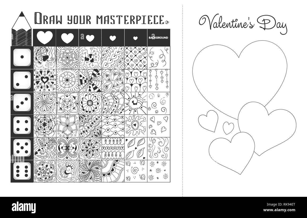 Jeu éducatif sur le développement de la créativité et compétences en dessin. Carte postale Saint Valentin faire vous-même, appeler votre chef-d'(zentangle elemen Illustration de Vecteur