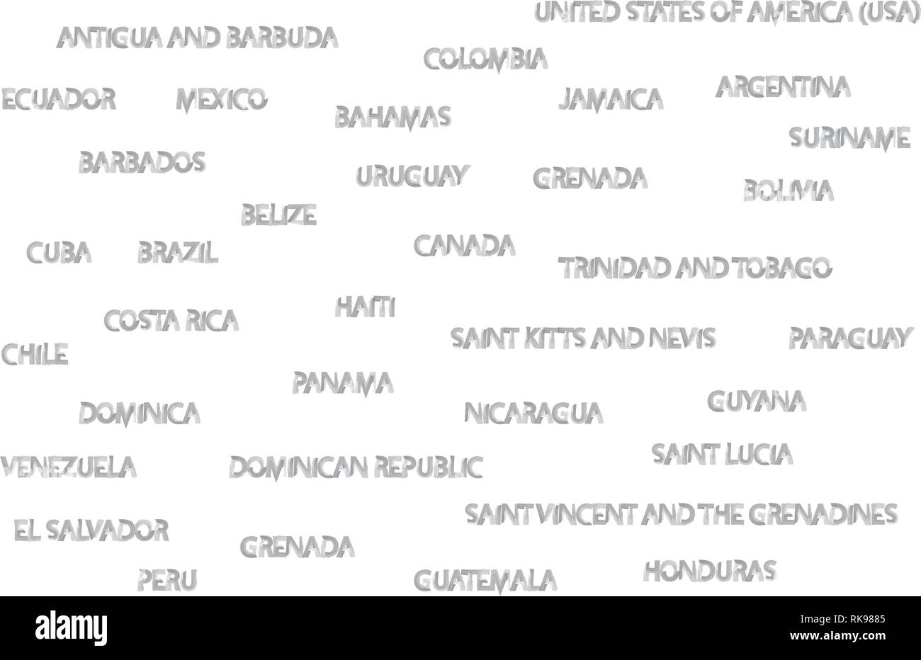 Les noms de pays d'Amérique écrit en couleur de l'eau balais de couleur grise. Illustration de Vecteur