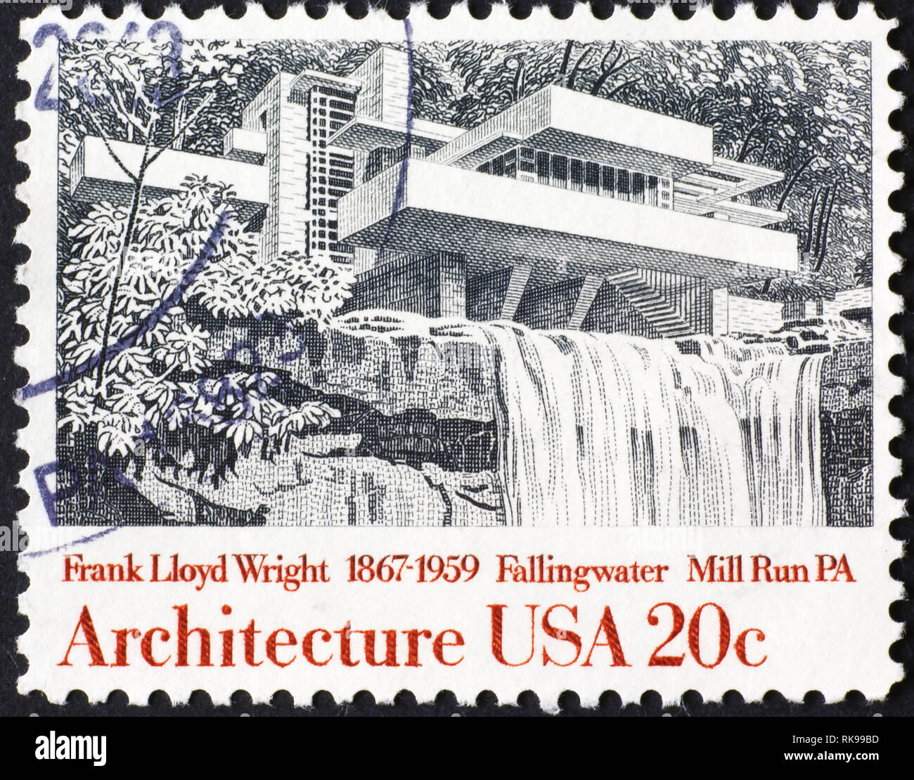 Maison Fallingwater de Frank Lloyd Wright sur timbre américain Banque D'Images
