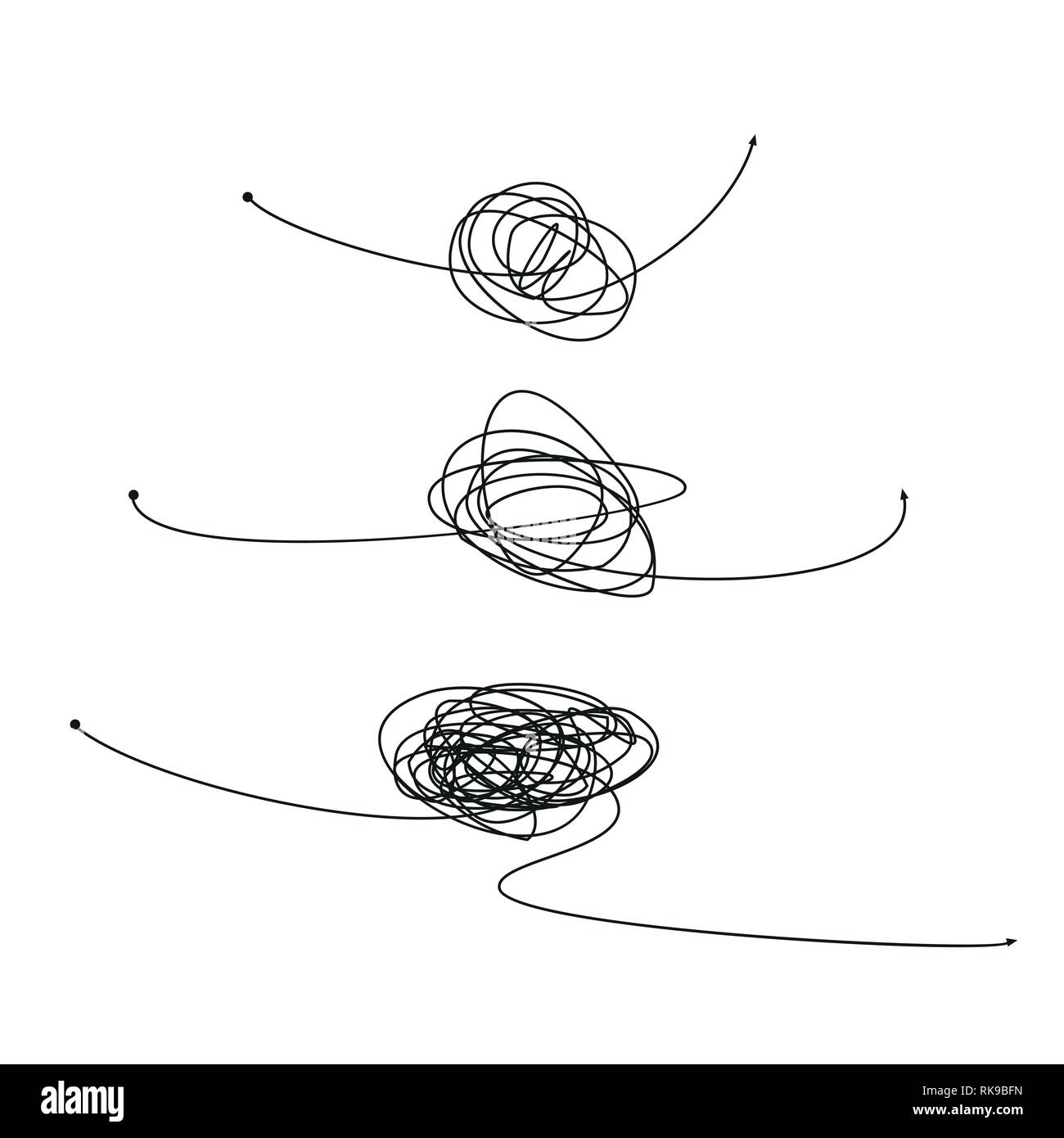 Ensemble de symbole de façon compliquée avec élément ronde griffonnés, chaos sign, passez le chemin avec flèche linéaire ou balle en clew tangle centre. Vector Illustration de Vecteur