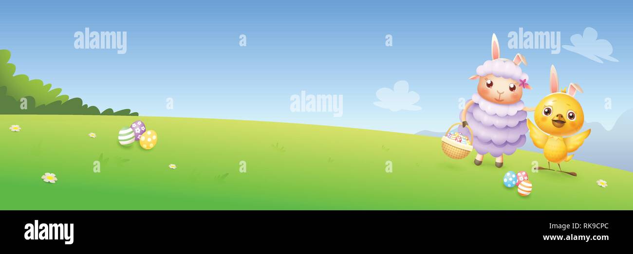 Poulet et d'agneau de Pâques oeufs chasse - printemps paysage historique - banner vector illustration Illustration de Vecteur
