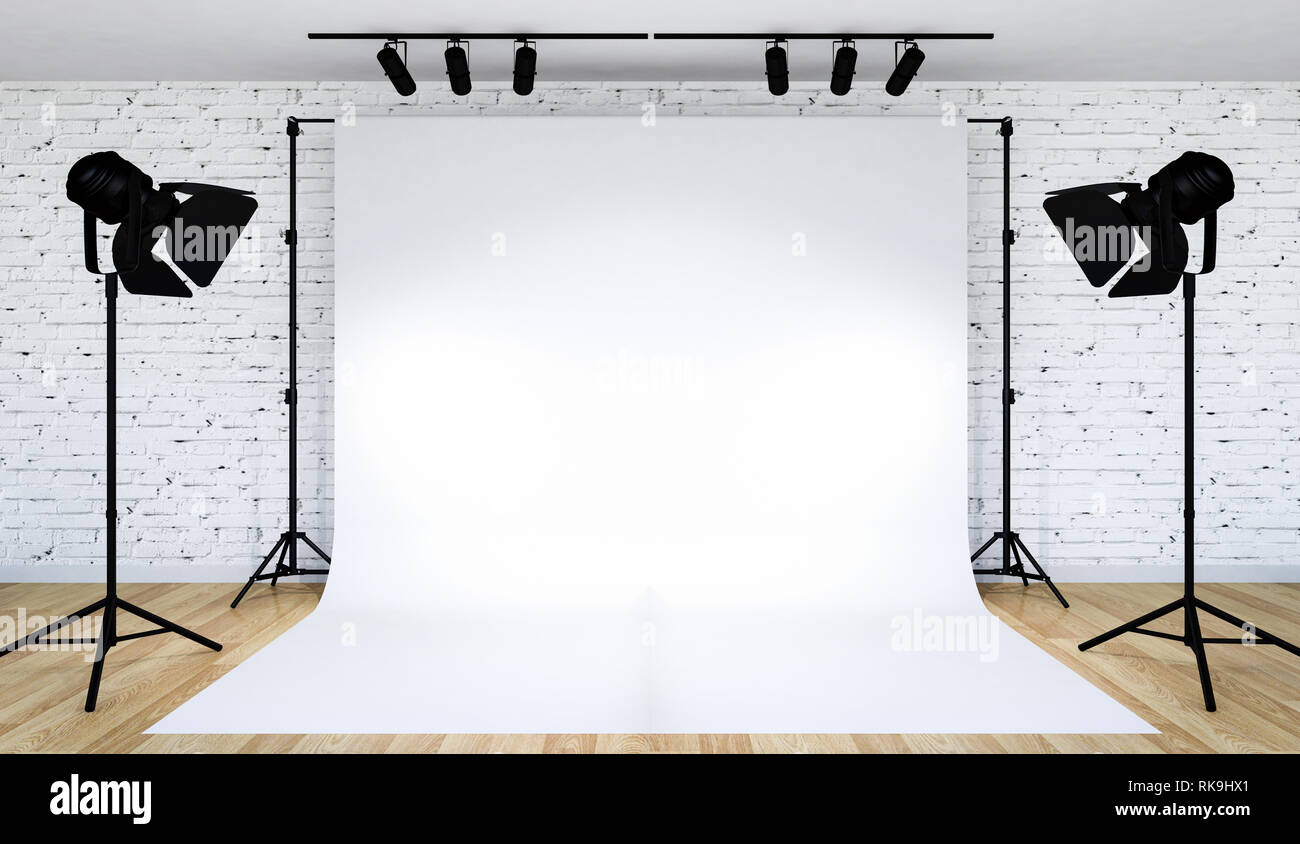 L'éclairage de studio photo avec fond blanc, 3D Rendering Banque D'Images