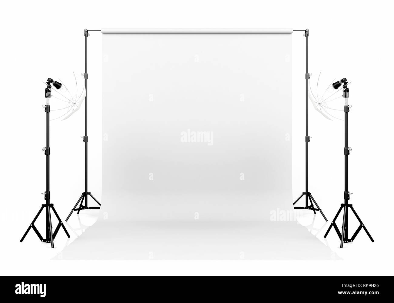 L'éclairage de studio photo avec fond blanc sur fond blanc, 3D Rendering Banque D'Images