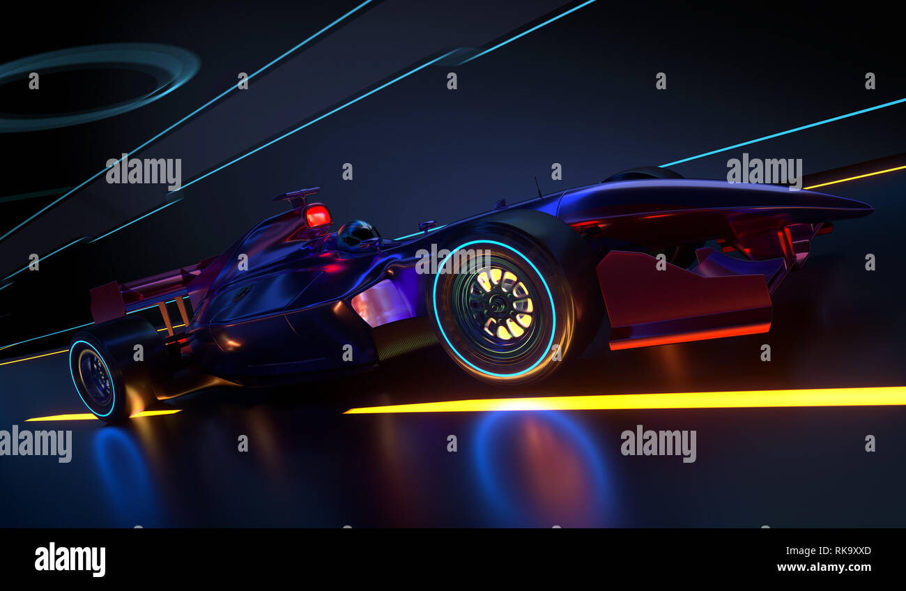 Race Car l'accélération le long d'un tunnel futuriste. Race car sans nom de marque est conçu et modélisé par moi-même. 3D illustration Banque D'Images