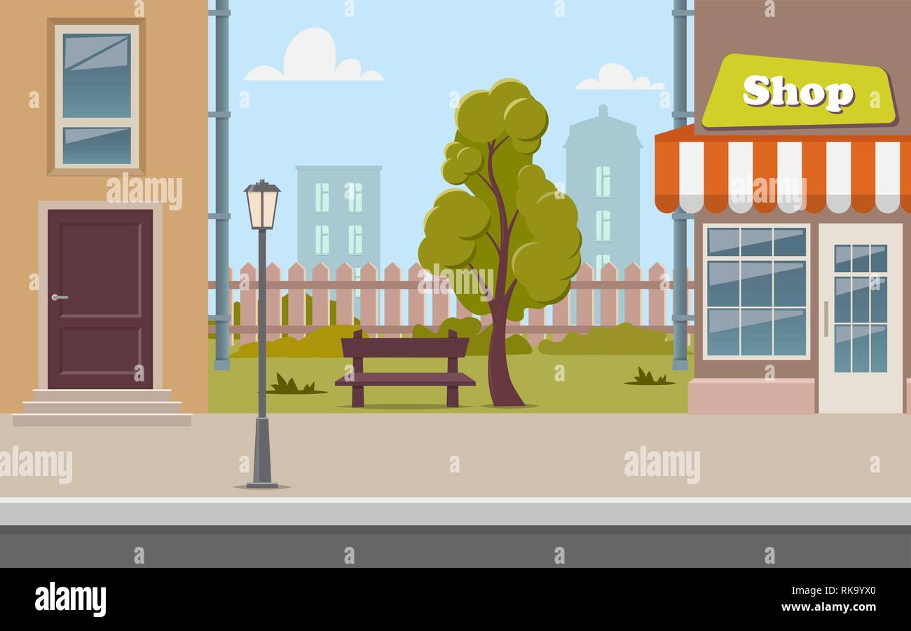 Cute cartoon ville rue avec une boutique, arbre, banc, barrière, lampe de rue. Rue de la ville d'illustration vectorielle, l'arrière-plan Illustration de Vecteur