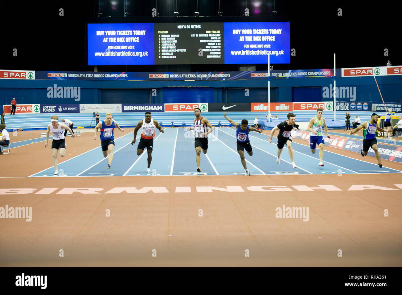 Birmingham, UK.9 février 2019, Jérémie Azu, Kyle De Escofet, Imranur Outugade , John Rahman, Sam Miller, Harry Aikines-Aryeetey, Olsen, Ryan, Michael Gorman Mens 60 mètres la chaleur 2 ligne d'arrivée de la demi-finale de la Spar athlétisme en salle de Birmingham, en Angleterre. Crédit : Paul/Saripo Alamy Live News Crédit : Paul/Saripo Alamy Live News Banque D'Images