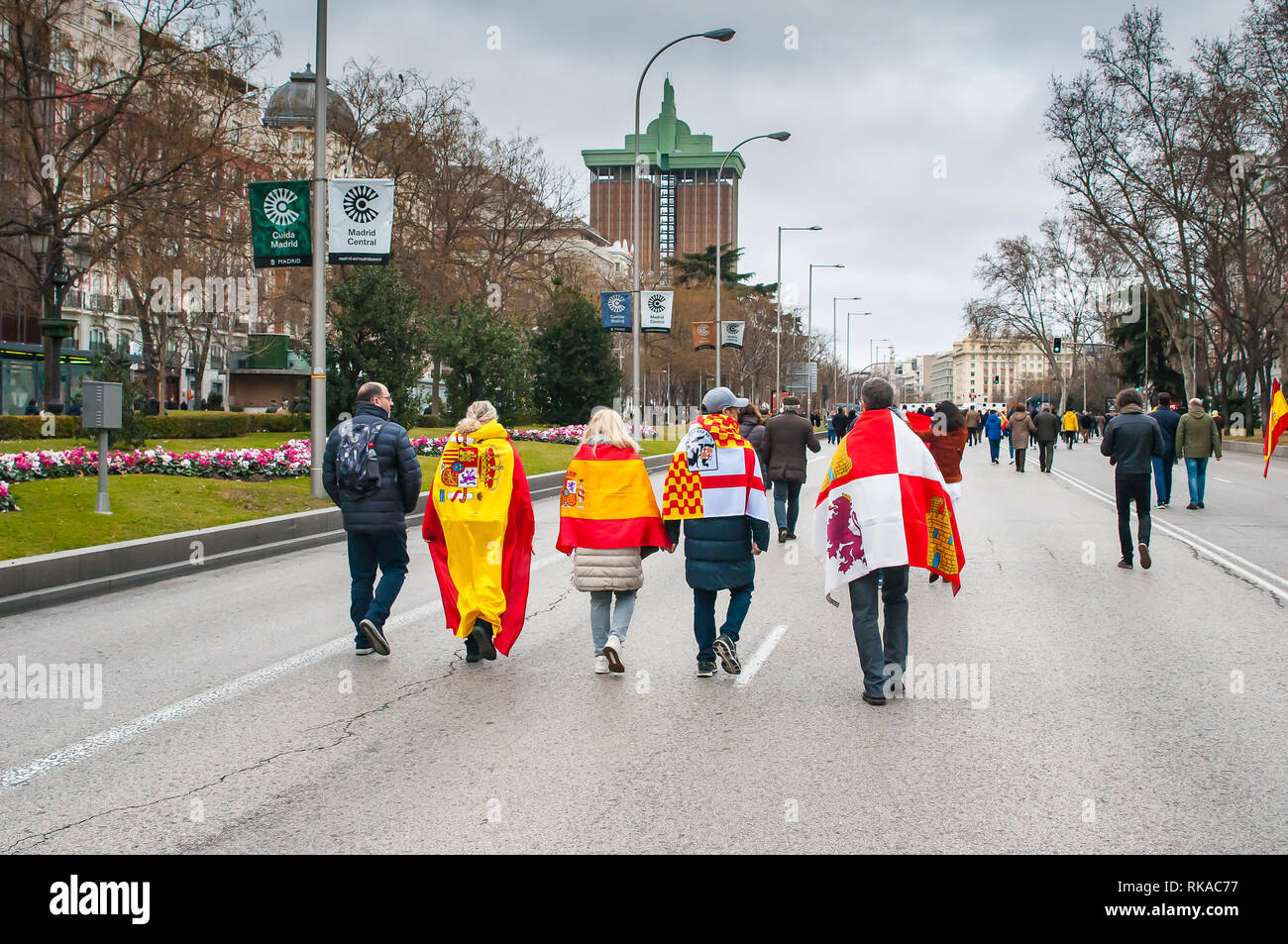 Madrid, Espagne. 10 fév 2019. Des milliers de personnes ont manifesté à Madrid contre la politique de la nation président Pedro Sanchez. La manifestation a été convoquée par les principaux partis d'opposition. Dans l'image plusieurs personnes à pied avec l'Espagne de drapeaux. Credit : F. J. Carneros/Alamy Live News Banque D'Images