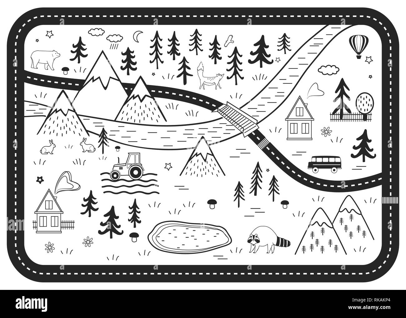 Le noir et blanc route Tapis d'enfants. Rivière de vecteur, les montagnes et les bois Carte d'aventure avec des maisons, bois, champ, et les animaux. Style scandinave à l'art. Illustration de Vecteur