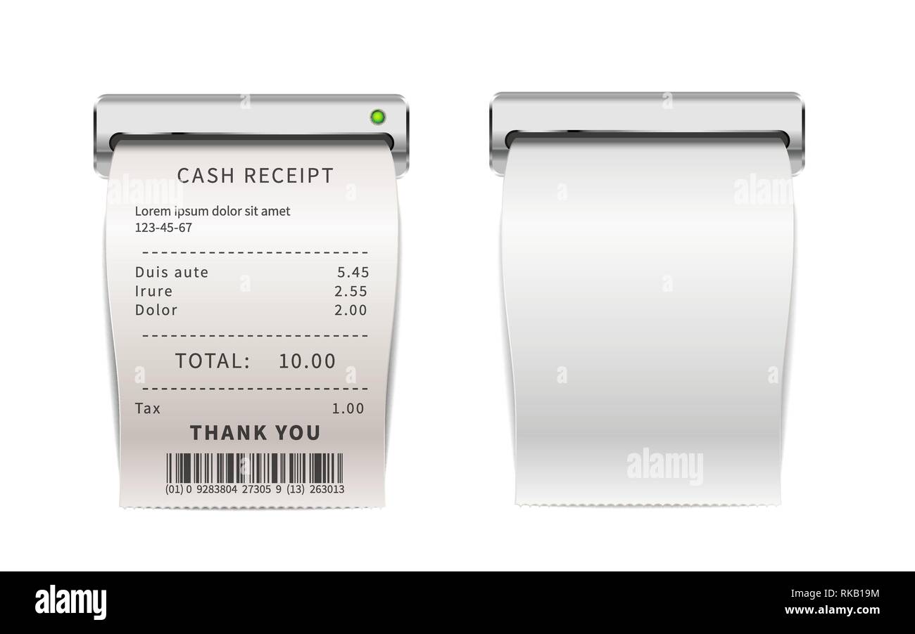 Les reçus de vente réaliste de sortir de machine d'impression, les factures d'achats blanc . Contrôles financiers papier isolated on white Illustration de Vecteur