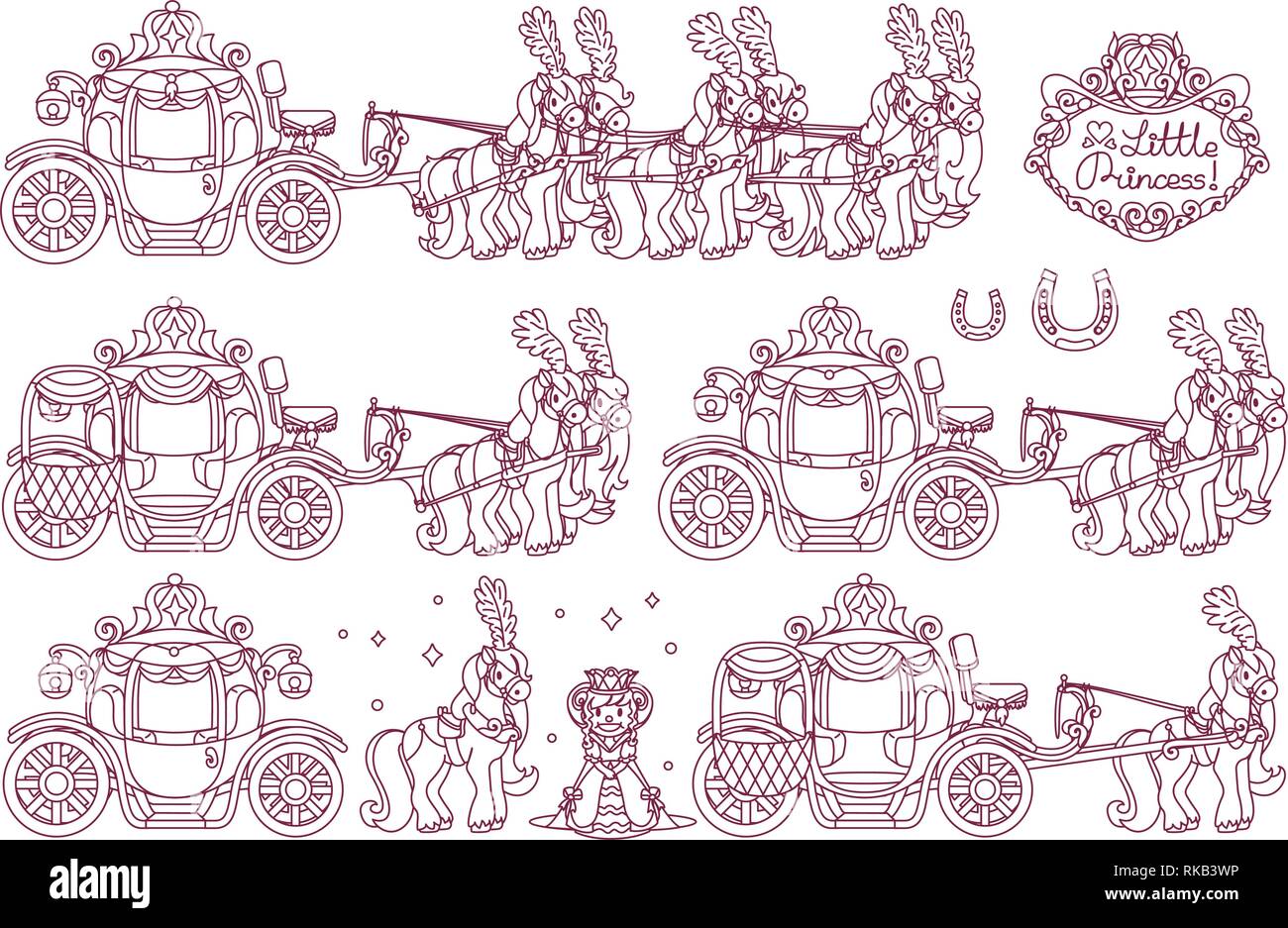 Ligne vectorielle Cinderella chariot pour petite reine Illustration de Vecteur