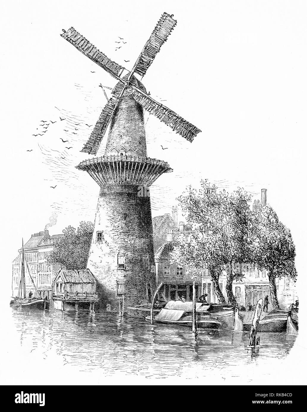Gravure d'un moulin à vent hollandais, communément utilisé pour moudre le blé. Banque D'Images