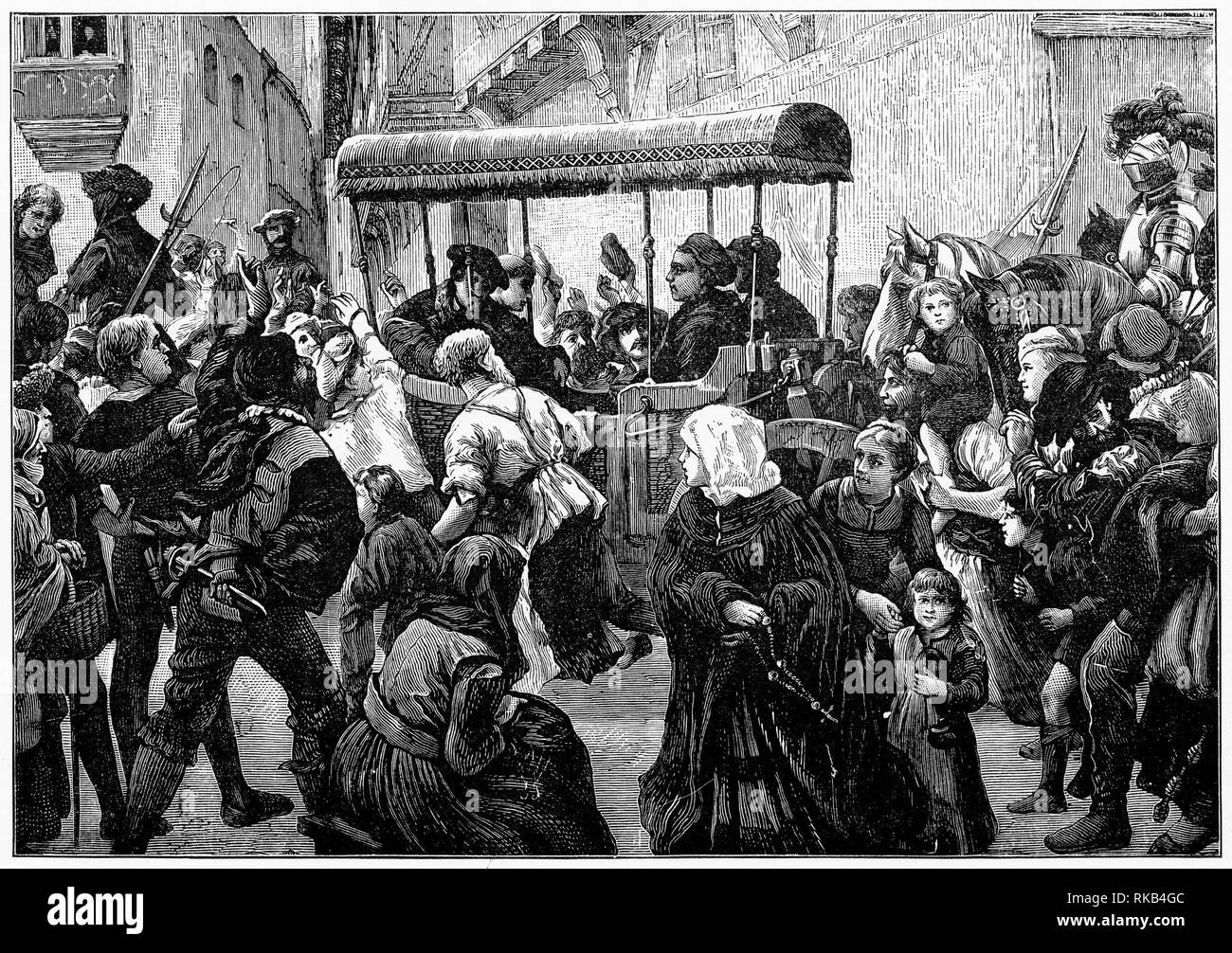 Gravure du moine Martin Luther entrant dans la ville de Worms pour donner une réponse aux autorités romaines pour ses hérésies. Banque D'Images