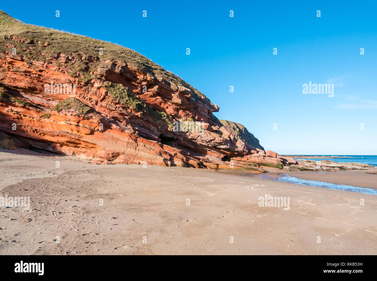 Falaise de grès sédimentaire Dévonien couches Couches et plage de sable, Pease Bay, Berwickshire, Ecosse, Royaume-Uni Banque D'Images
